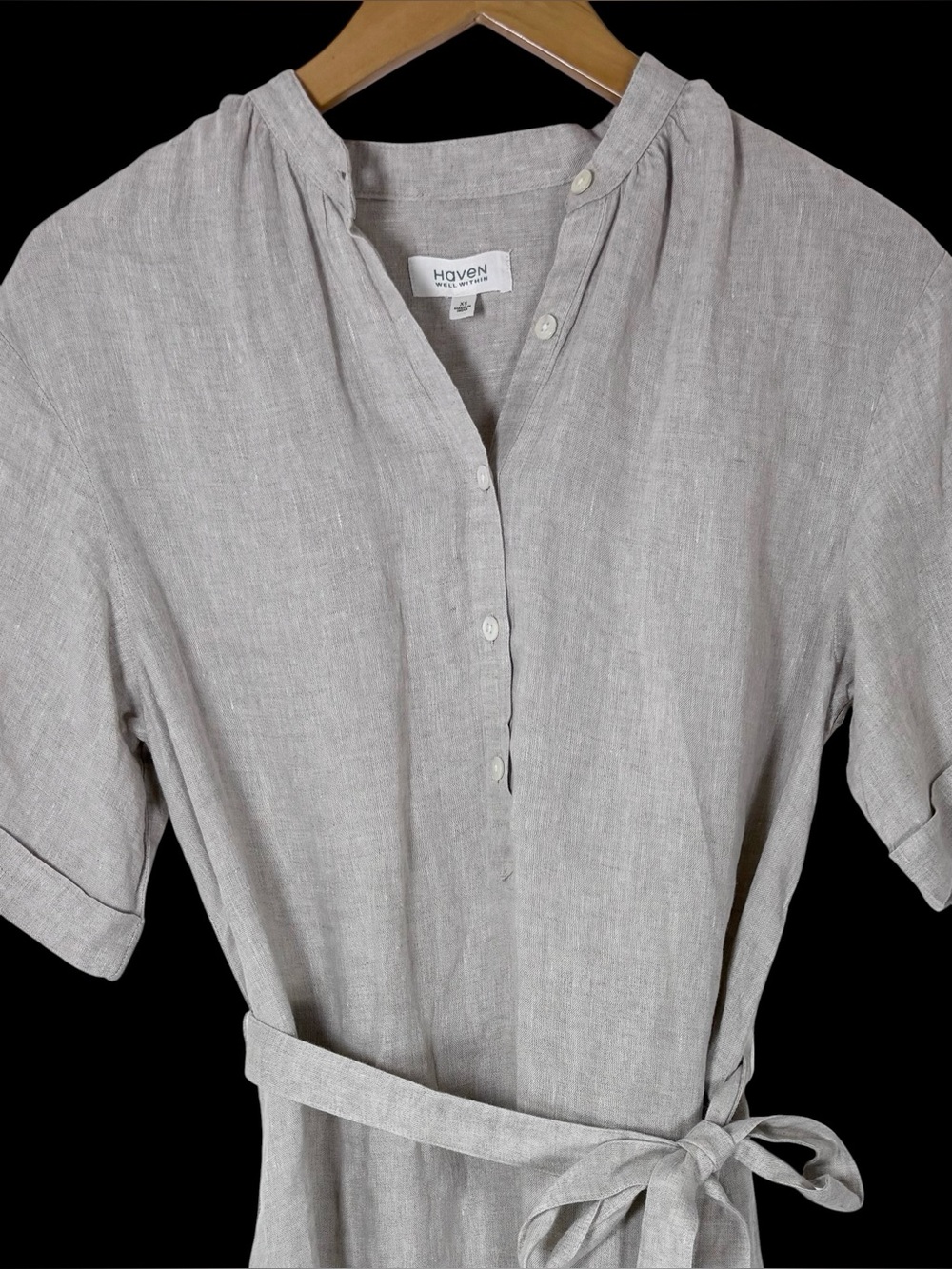 Haven Well Within 100% Linen Dress XS Beige Tie Waist Midi Cottagecore - Picture 2 of 6